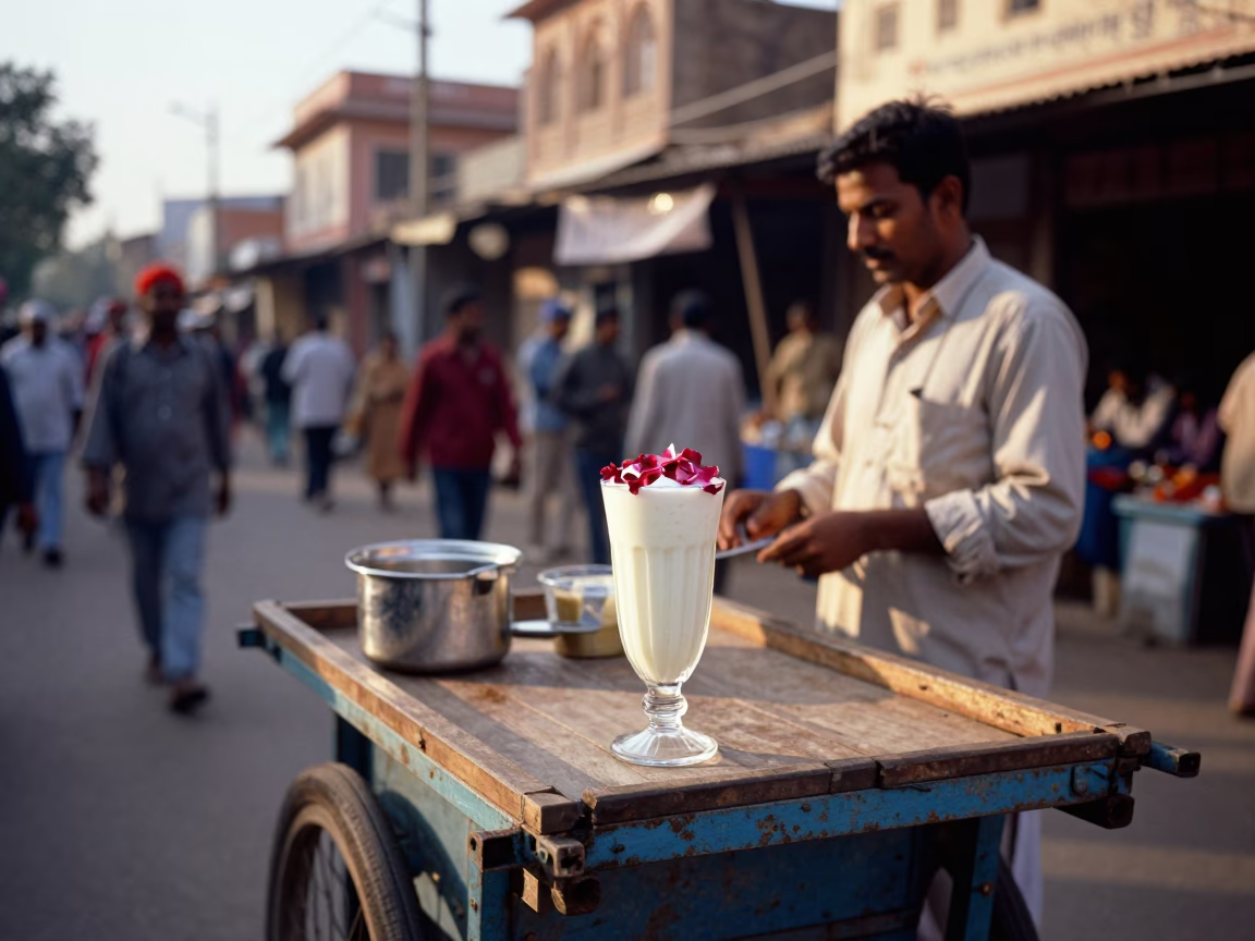 Late Afternoon Jaipur Street Scene with Tall Glass of Lassi and Rose Petals in in Jaipur, India