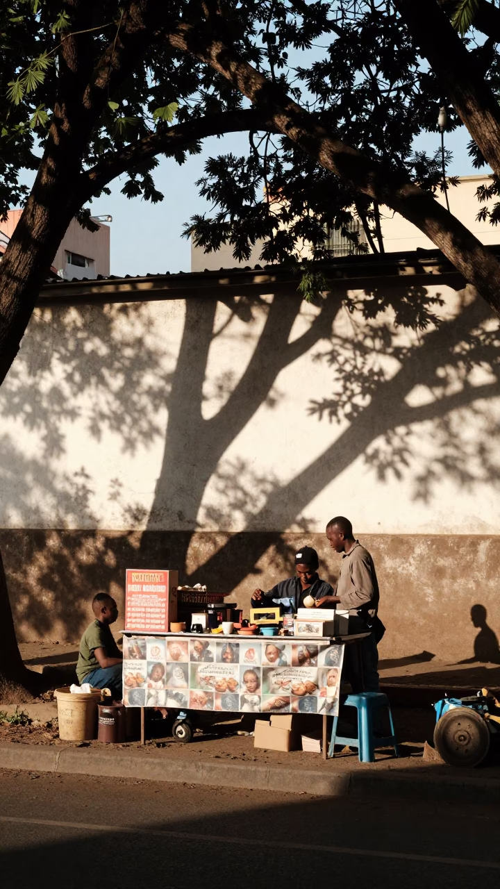 Late Afternoon Johannesburg Street Scene with Leaf Shadows and Vintage Biscuit Tin in in Johannesburg, South Africa