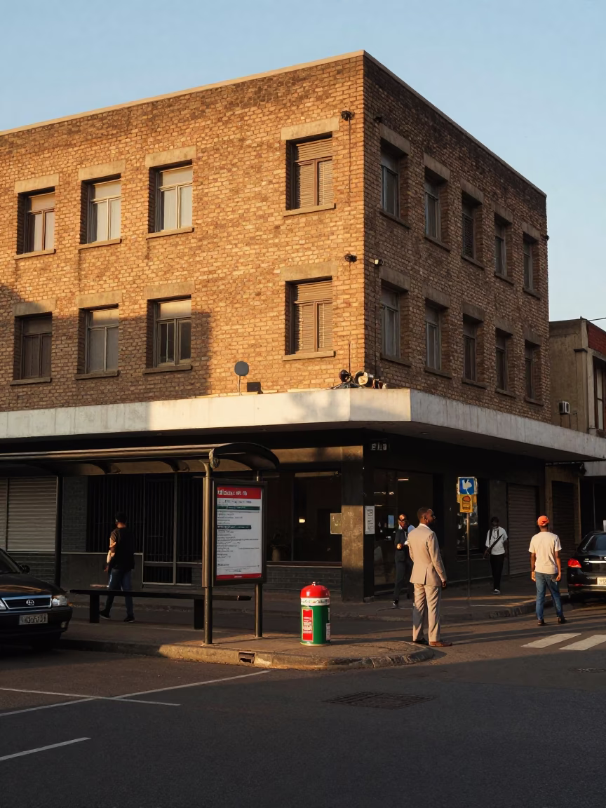 Late Afternoon Johannesburg Street Scene with Vintage Tiffin Tin and Urban Architecture in in Johannesburg, South Africa