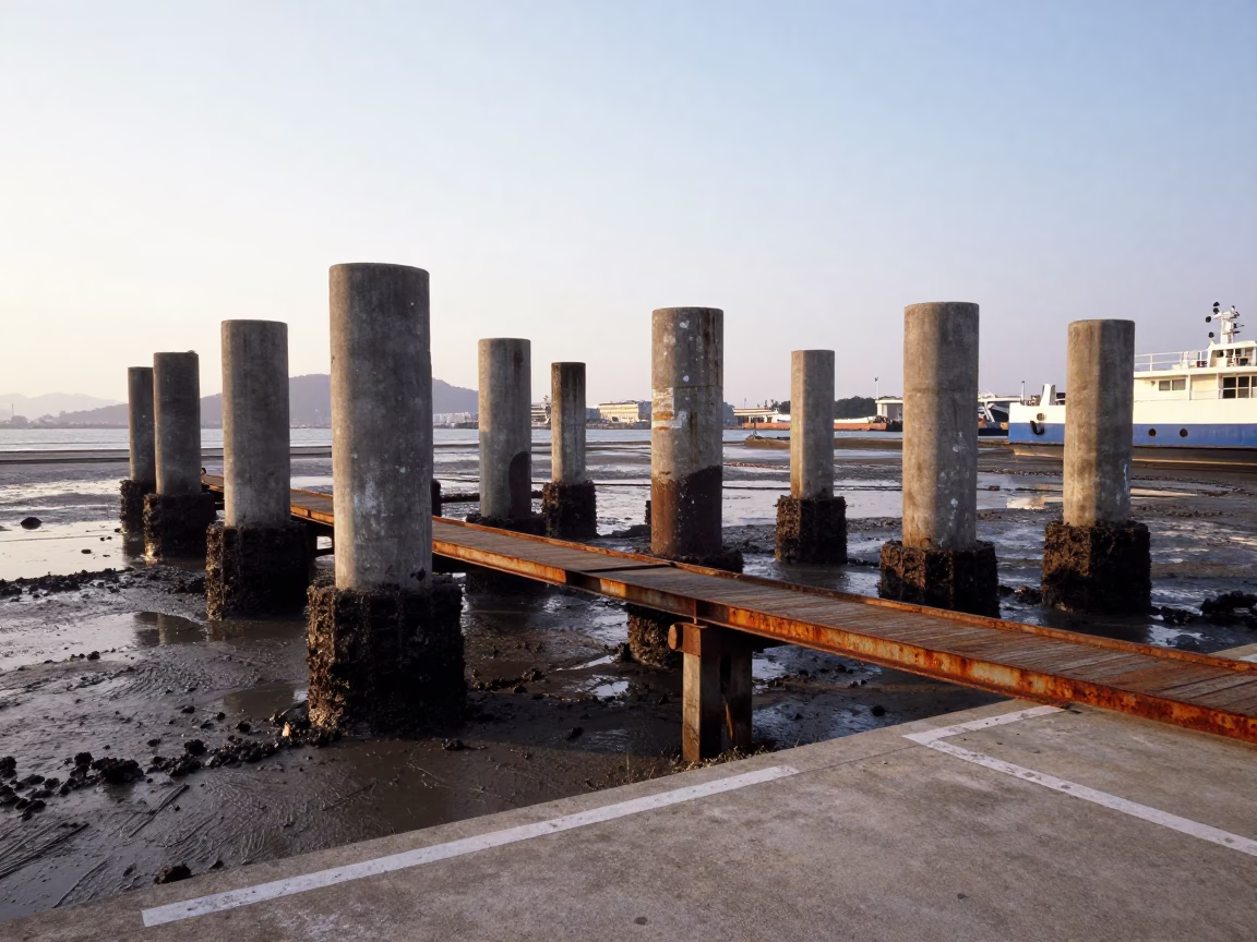 Late Afternoon Kaohsiung Ferry Ramp and Piling System at Low Tide in in Kaohsiung, Taiwan