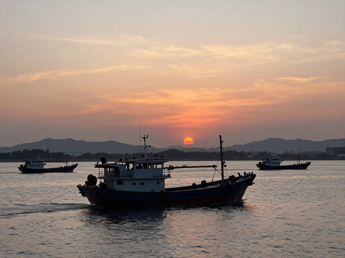 Late Afternoon Kaohsiung Harbor Junk Boat Silhouette Against Sunset Sky in in Kaohsiung, Taiwan
