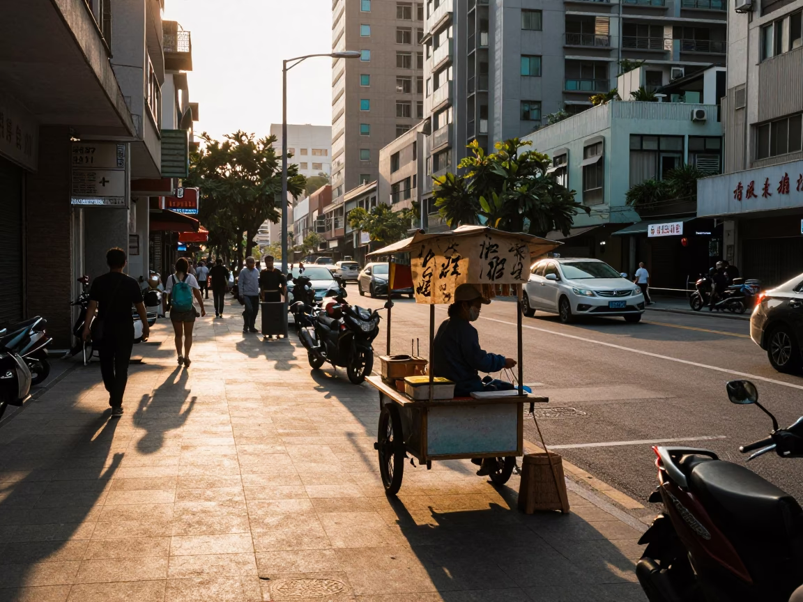 Late Afternoon Kaohsiung Street Scene with Traditional Calligraphy Brush and Urban Background in in Kaohsiung, Taiwan