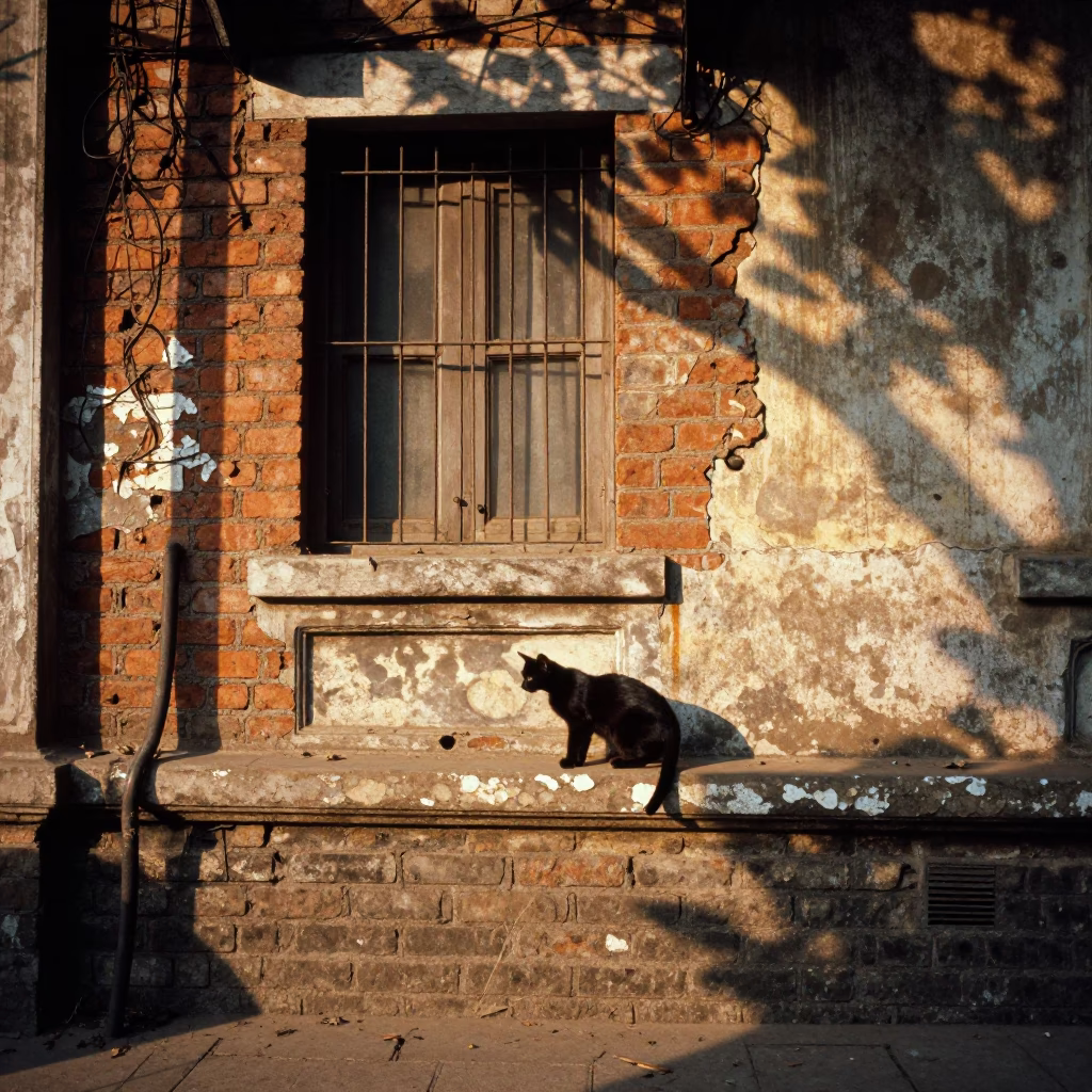 Late Afternoon Kolkata Street Scene with Black Cat on Windowsill and Traditional Architecture in in Kolkata, India