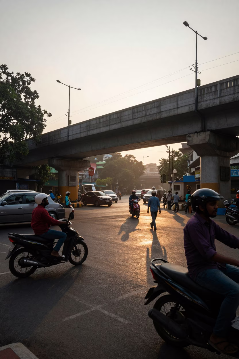 Late Afternoon Kolkata Street Scene with Pedestrian Overpass and Wet Footprints in in Kolkata, India