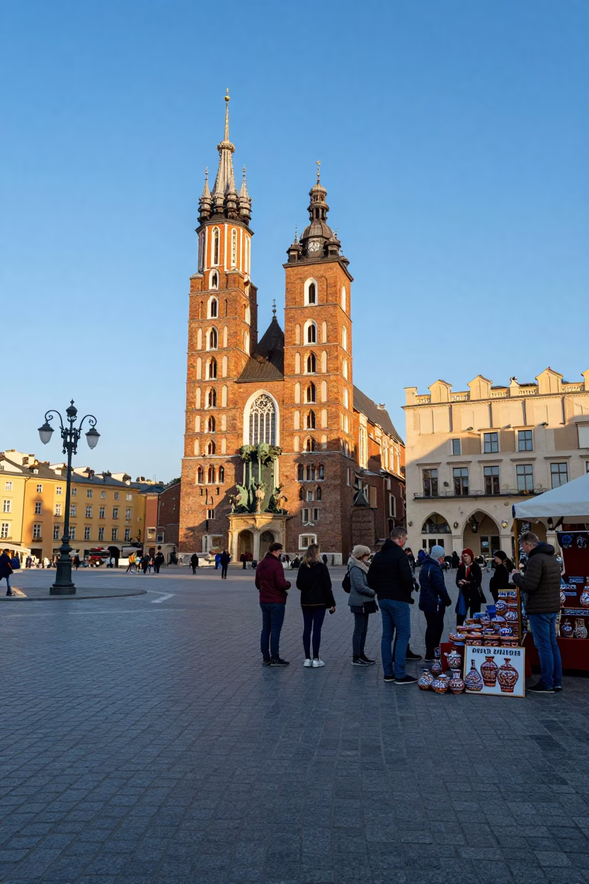 Late Afternoon Krakow Market Square Street Scene with Historic Architecture and Pedestrians in in Krakow, Poland