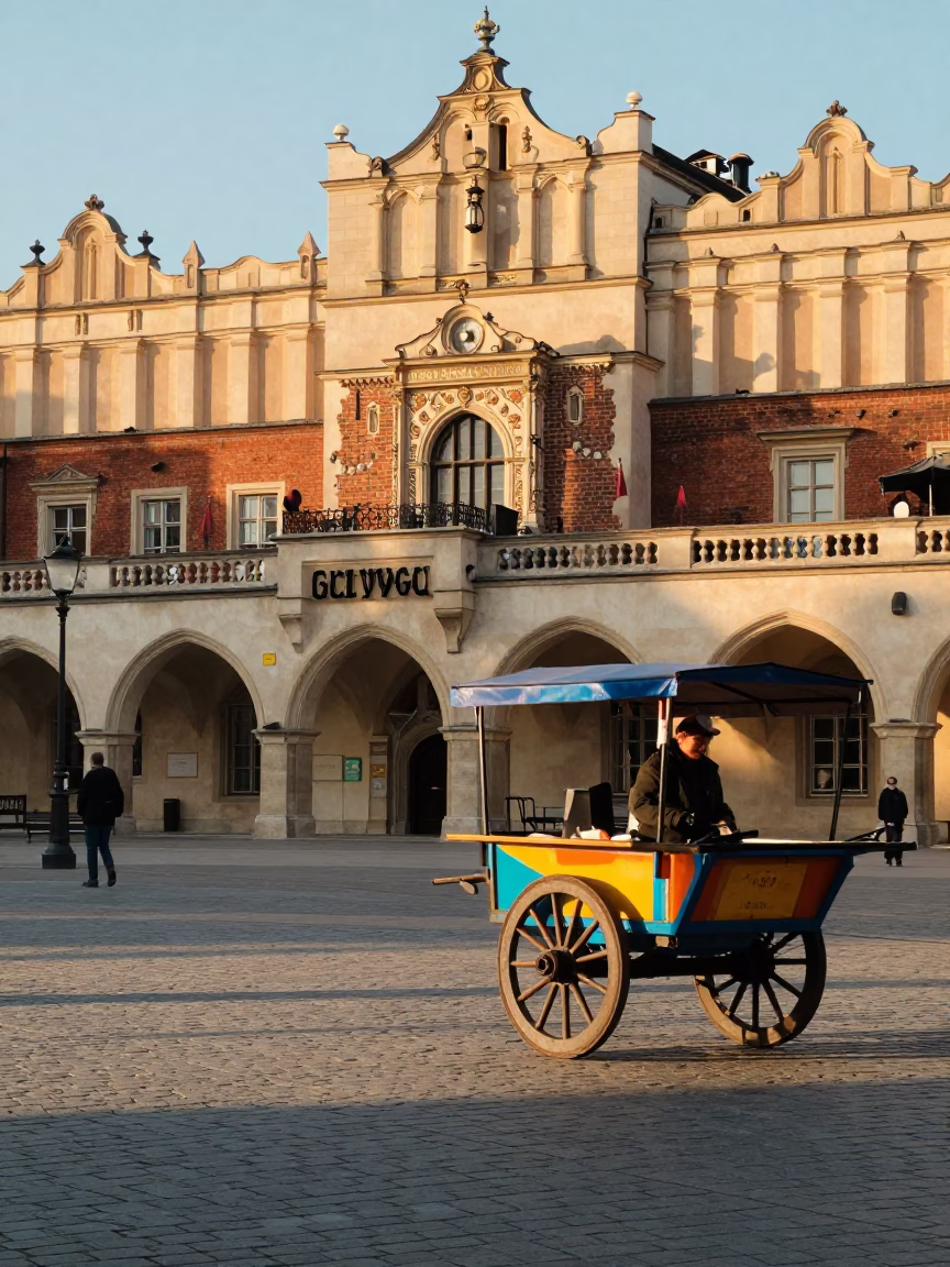 Late Afternoon Krakow Street Scene with Caster Wheel and Twine Fibers in in Krakow, Poland