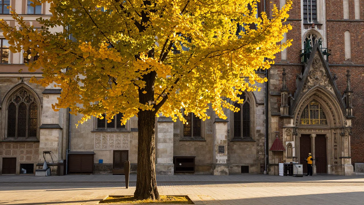 Late Afternoon Krakow Street Scene with Ginkgo Tree and Historic Architecture in in Krakow, Poland