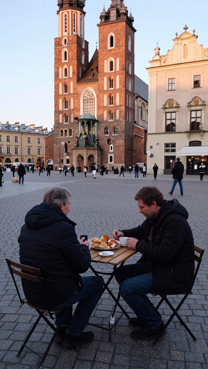 Late Afternoon Krakow Street Scene with Pastries and Cup on Wooden Table in in Krakow, Poland
