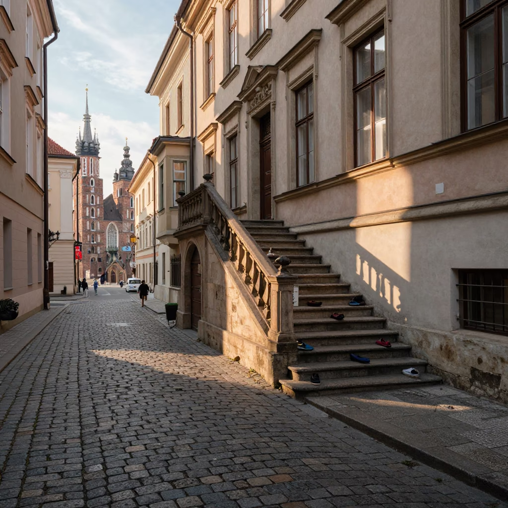 Late Afternoon Krakow Street Scene with School Staircase and Local Life in in Krakow, Poland