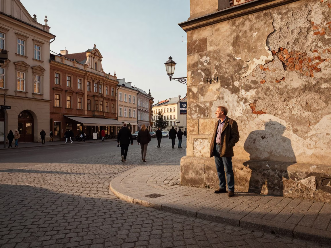 Late Afternoon Krakow Street Scene with Vintage 1970s Atmosphere and Local Life in in Krakow, Poland