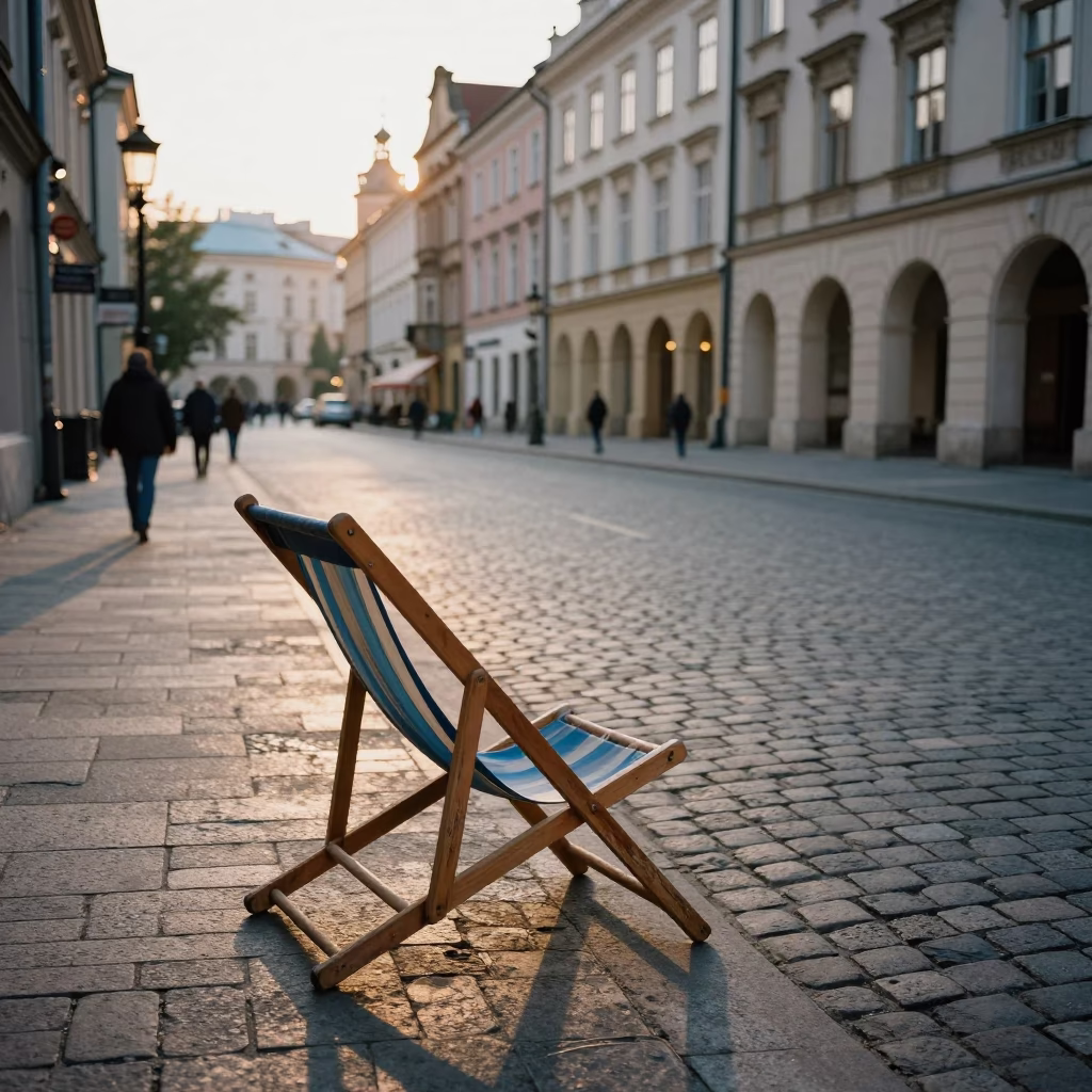 Late Afternoon Krakow Street Scene with Vintage Deck Chair and Local Architecture in in Krakow, Poland