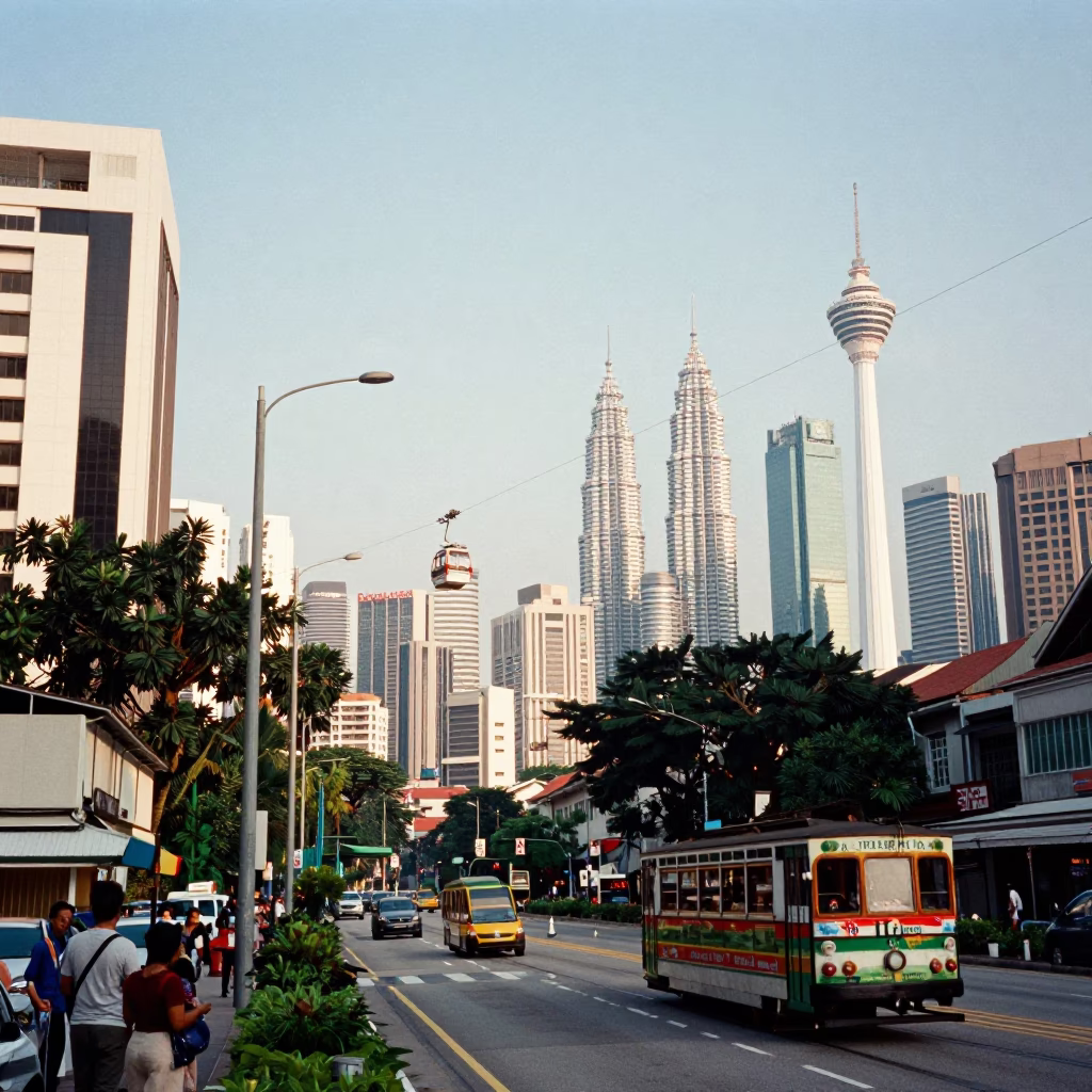 Late Afternoon Kuala Lumpur Street Scene with Cable Car and Vintage Plate in in Kuala Lumpur, Malaysia