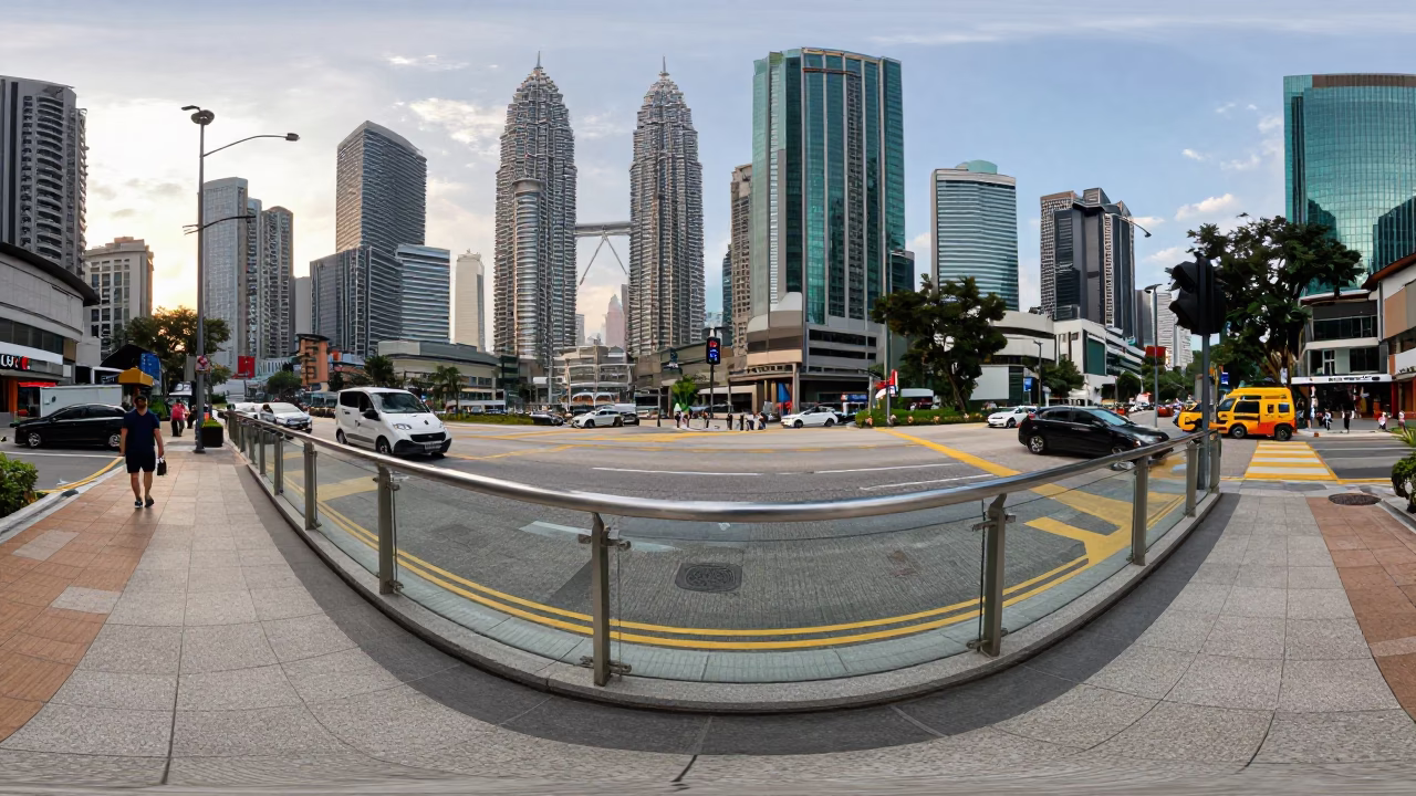 Late Afternoon Kuala Lumpur Street Scene with Clear Glass Rail and Urban Architecture in in Kuala Lumpur, Malaysia