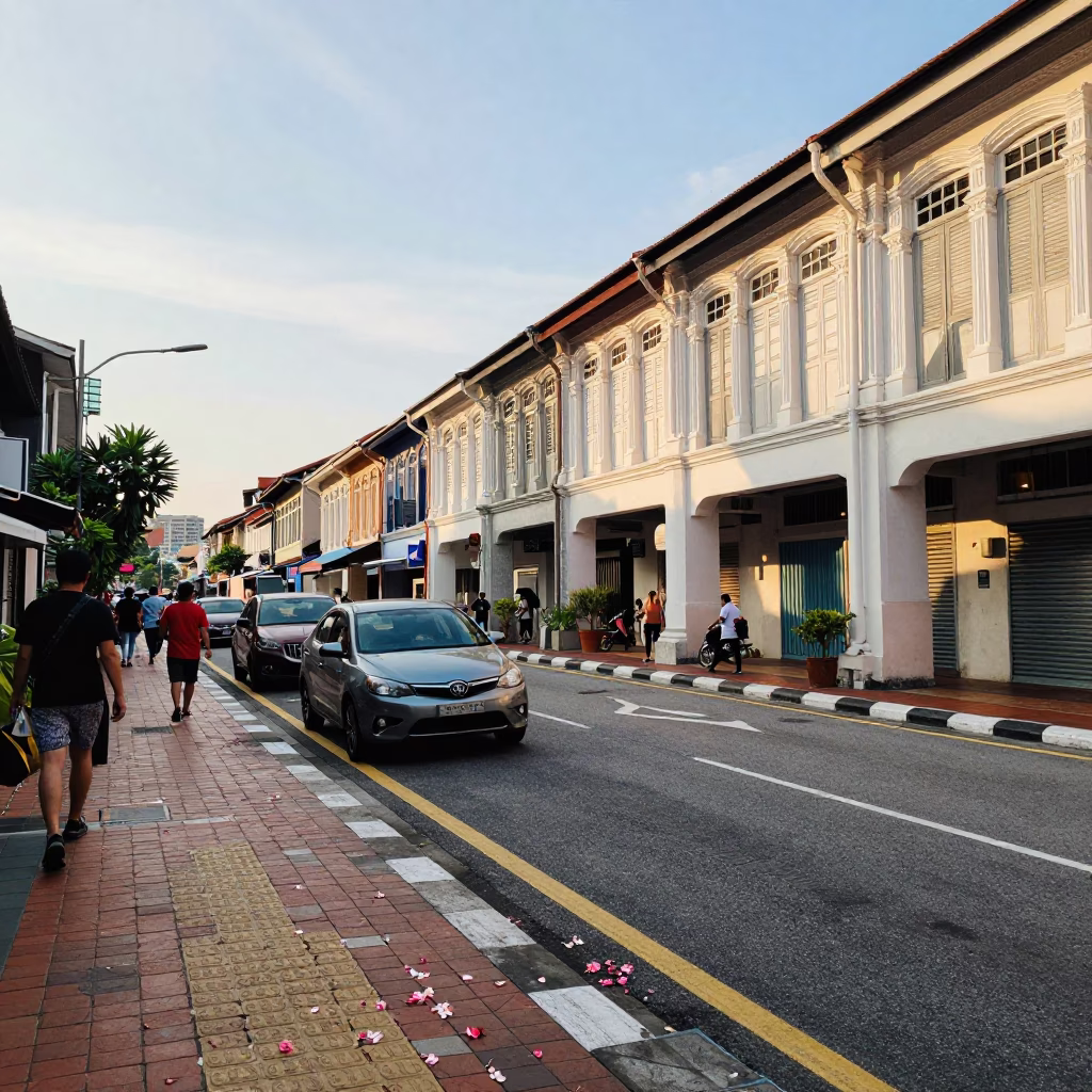 Late Afternoon Kuala Lumpur Street Scene with Plumeria Petals on Wet Pavement in in Kuala Lumpur, Malaysia