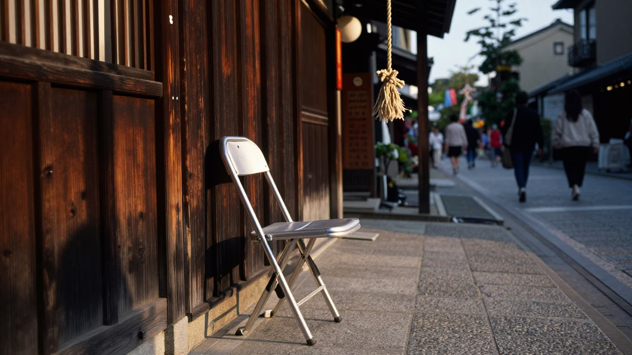 Late Afternoon Kyoto Street Scene with Frayed Rope and Folding Chair in in Kyoto, Japan