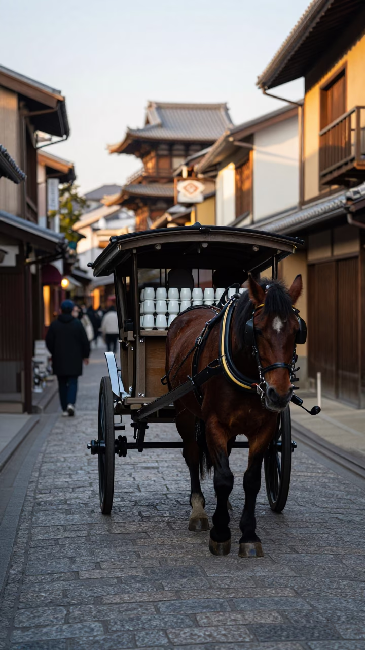 Late Afternoon Kyoto Street Scene with Horse-Drawn Cart on Cobblestone in in Kyoto, Japan