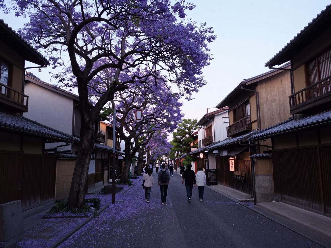 Late Afternoon Kyoto Street Scene with Purple Jacaranda Blooms and Traditional Architecture in in Kyoto, Japan