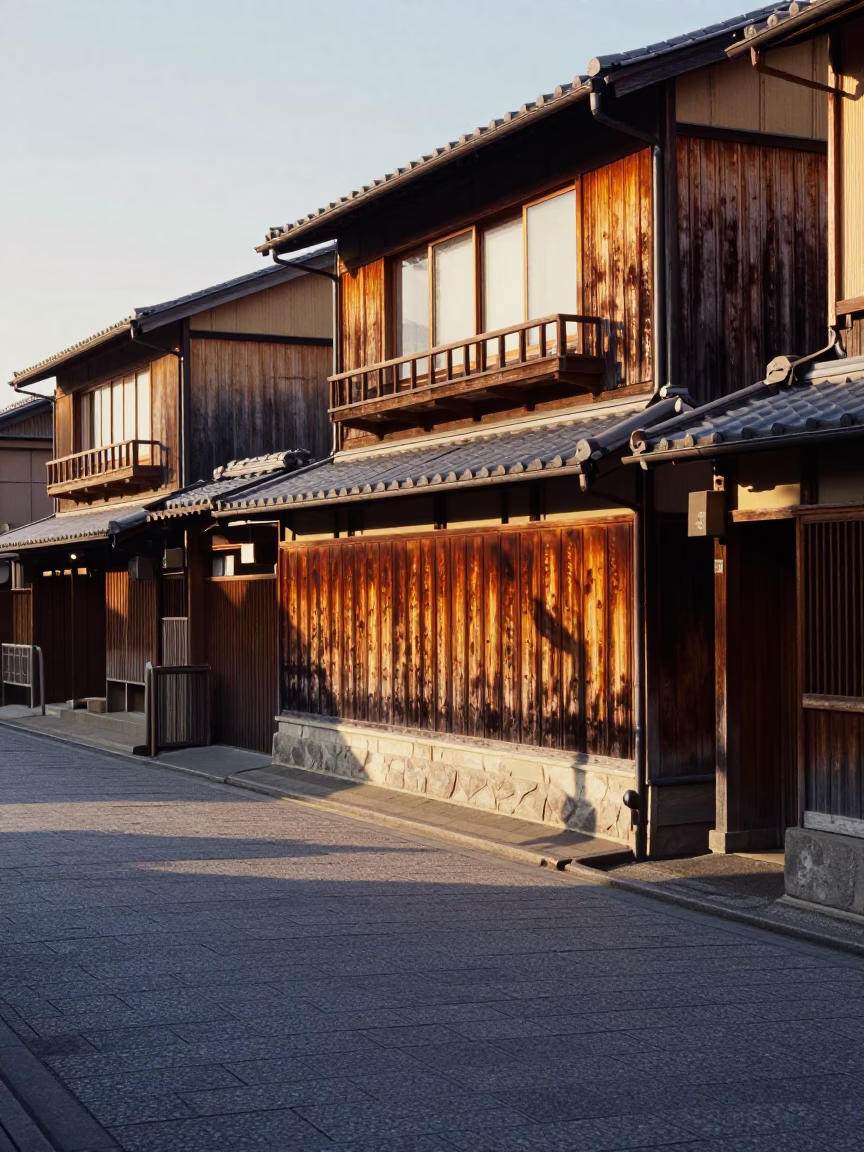 Late Afternoon Kyoto Street Scene with Traditional Architecture and Modern Traffic in in Kyoto, Japan