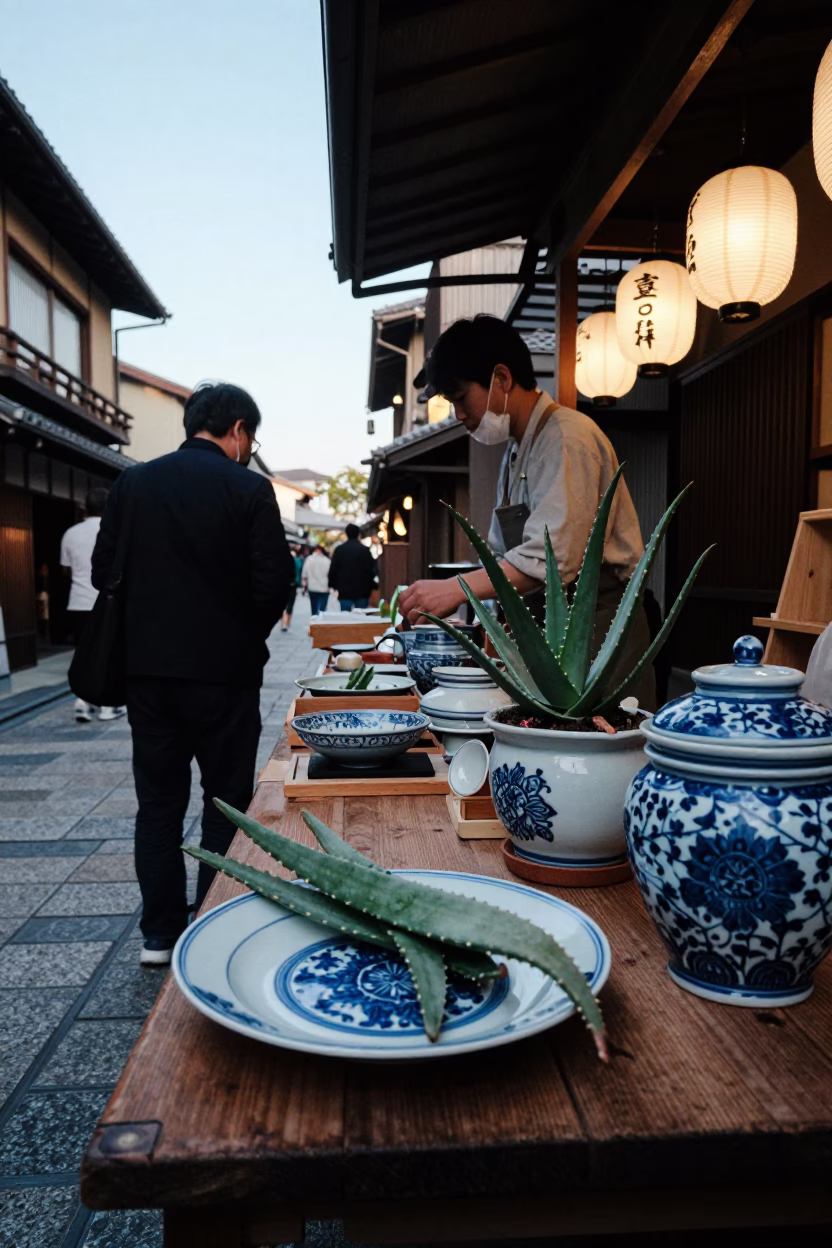 Late Afternoon Kyoto Street Scene with Traditional Blue Porcelain and Leaf Shadows in in Kyoto, Japan