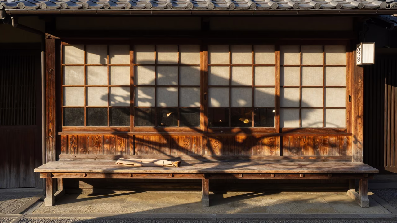 Late Afternoon Kyoto Street Scene with Wicker Shadow and Matcha Latte in in Kyoto, Japan