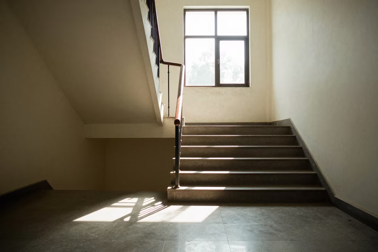Late Afternoon Light on Delhi School Staircase in inside a quiet classroom in Hauz Khas, Delhi