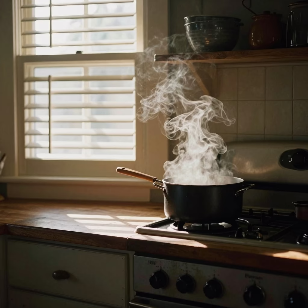 Late afternoon light fills Charleston kitchen with steam and canisters in in Charleston, South Carolina, United States