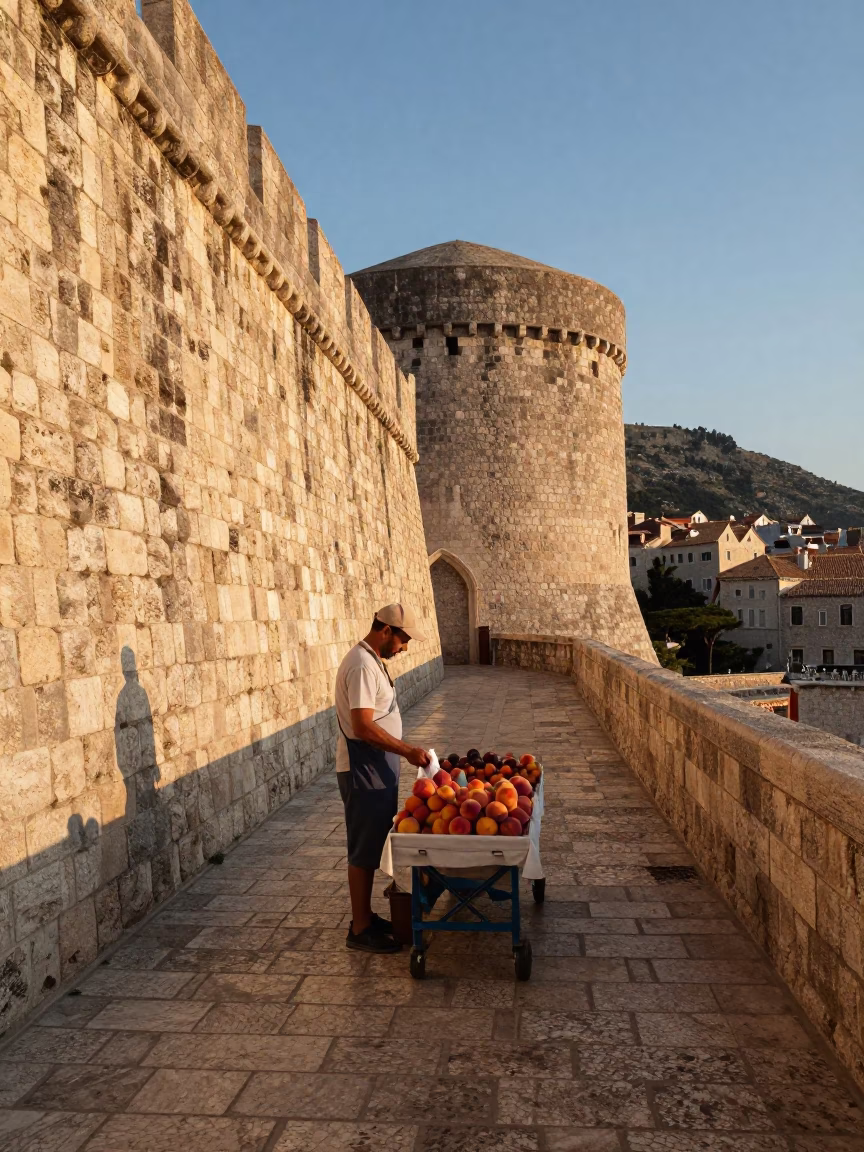 Late Afternoon Light Illuminates Dubrovnik Stone Walls and Local Street Life in Croatia in in Dubrovnik, Croatia