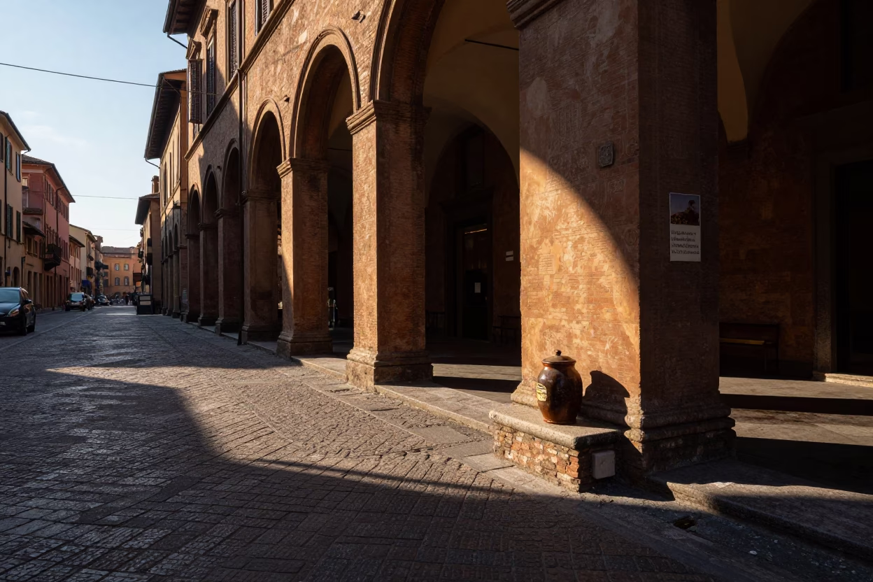 Late Afternoon Light in Bologna Italy Street Scene with Wicker Shadow and Apothecary Jar in in Bologna, Italy