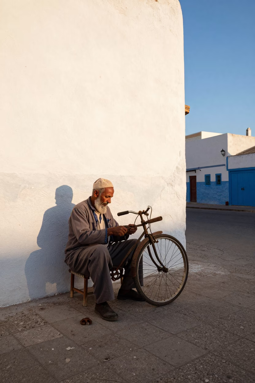 Late Afternoon Light in Essaouira Morocco Street Scene with Wrench and Towels in in Essaouira, Morocco