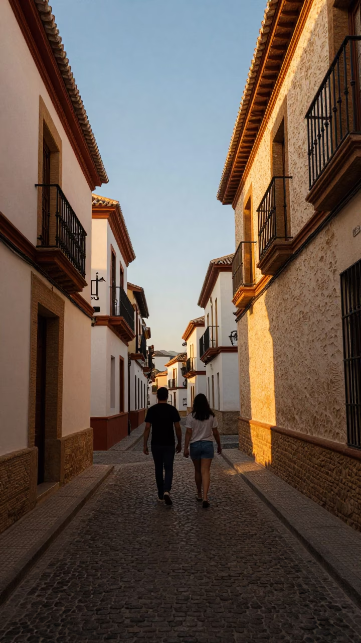 Late Afternoon Light in Granada Spain Street Scene with Couple Walking Past Historic Architecture in in Granada, Spain