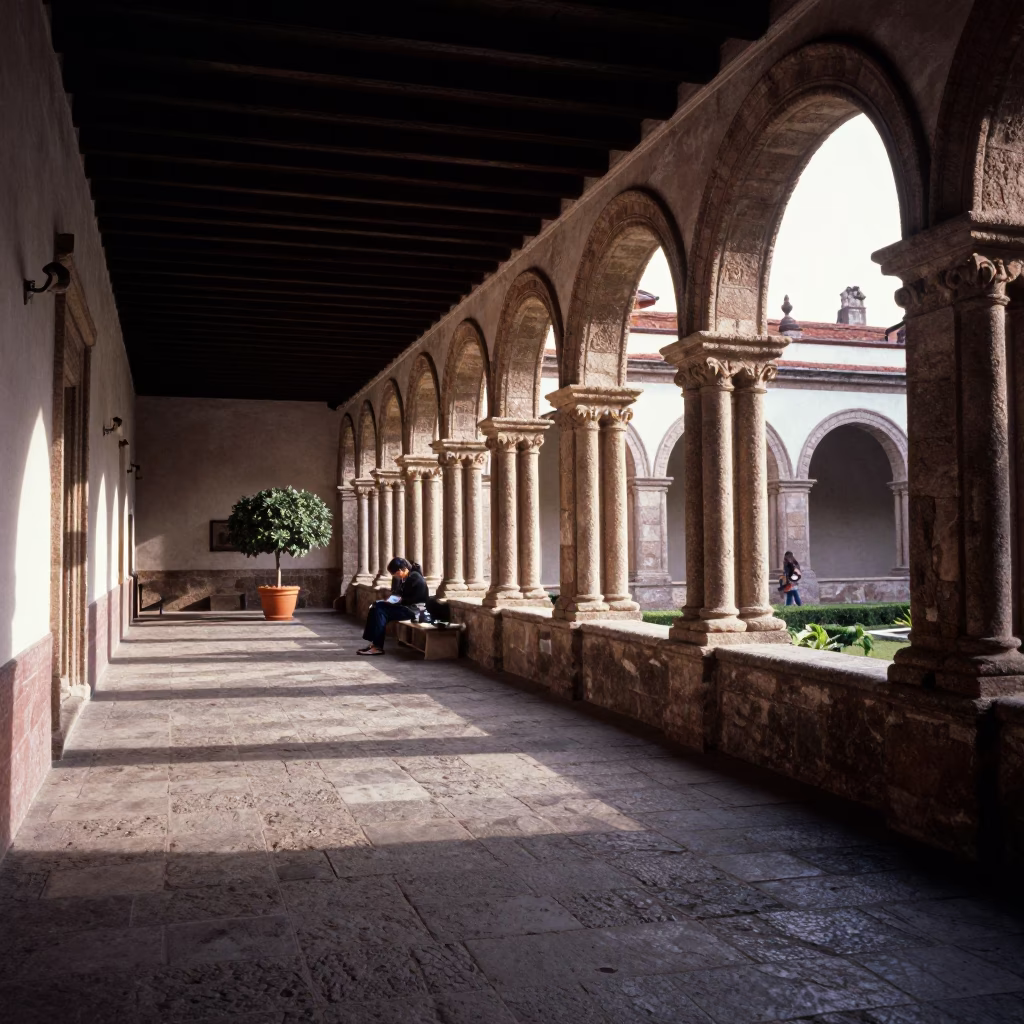 Late Afternoon Light in Guadalajara University Cloister Walkway with Stone Architecture in in Guadalajara, Mexico
