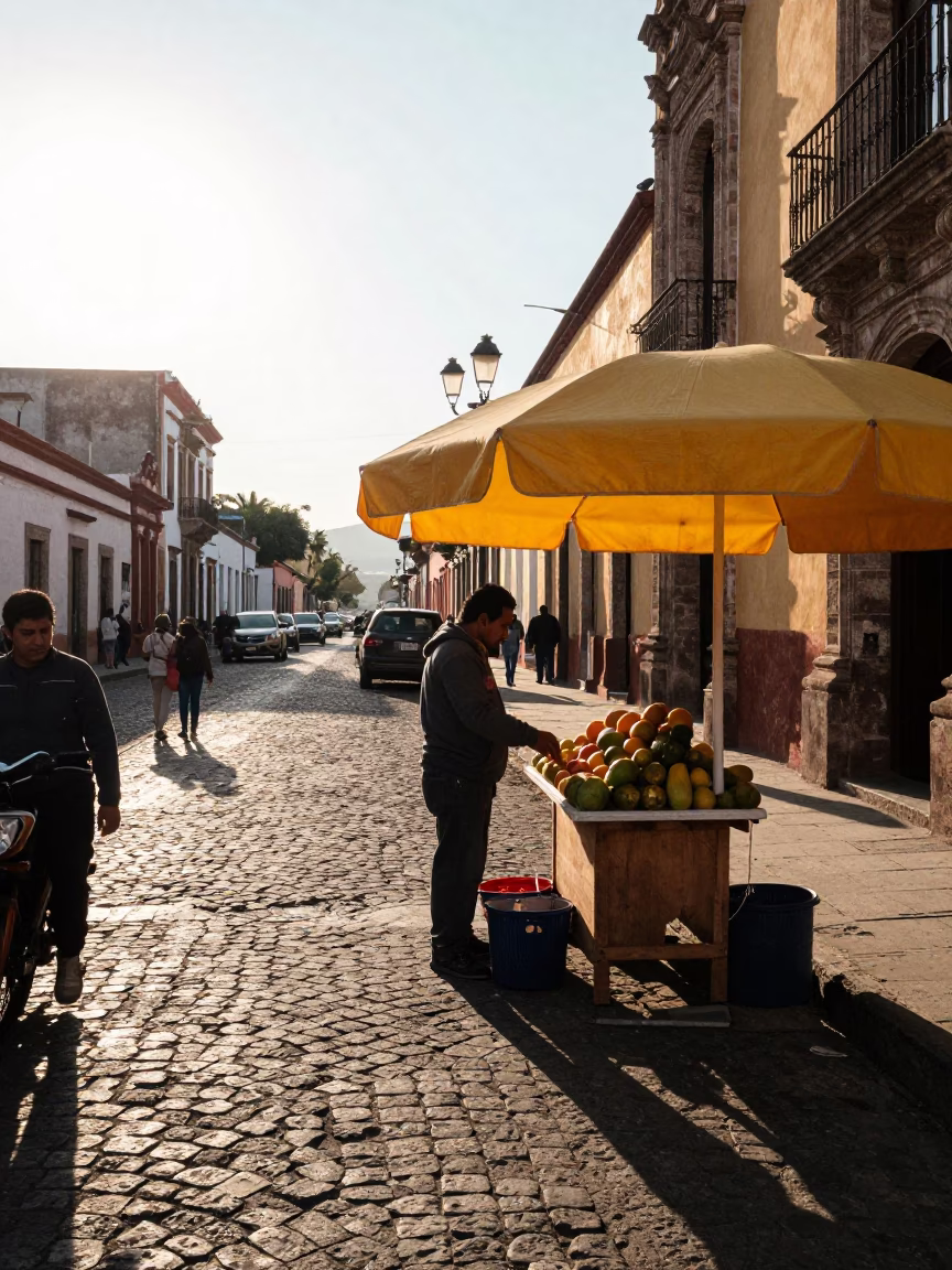 Late Afternoon Light in Oaxaca City Street Corner with Local Vendor and Umbrellas in in Oaxaca, Mexico