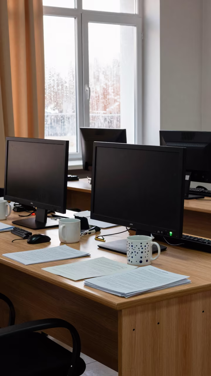 Late Afternoon Light on Mugs and Packets in Tolyatti in in a computer lab before lessons near Tolyatti