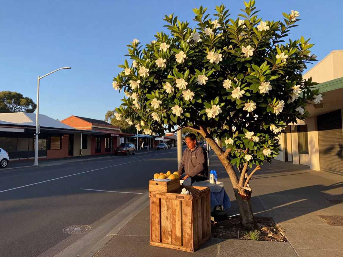 Late Afternoon Light on Adelaide Street Corner with Gardenia Bush and Garlic Market Stall in in Adelaide, South Australia, Australia