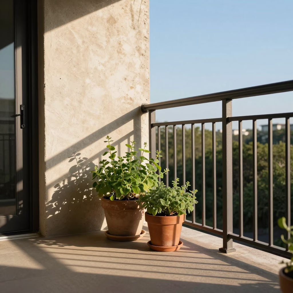 Late Afternoon Light on Austin Texas Balcony with Potted Herbs and Wicker Shadow in in Austin, Texas, United States
