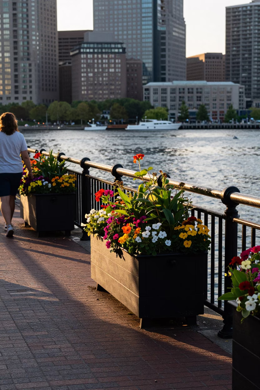 Late Afternoon Light on Boston Waterfront with Flowering Plants and Concrete Pier in in Boston, Massachusetts, United States