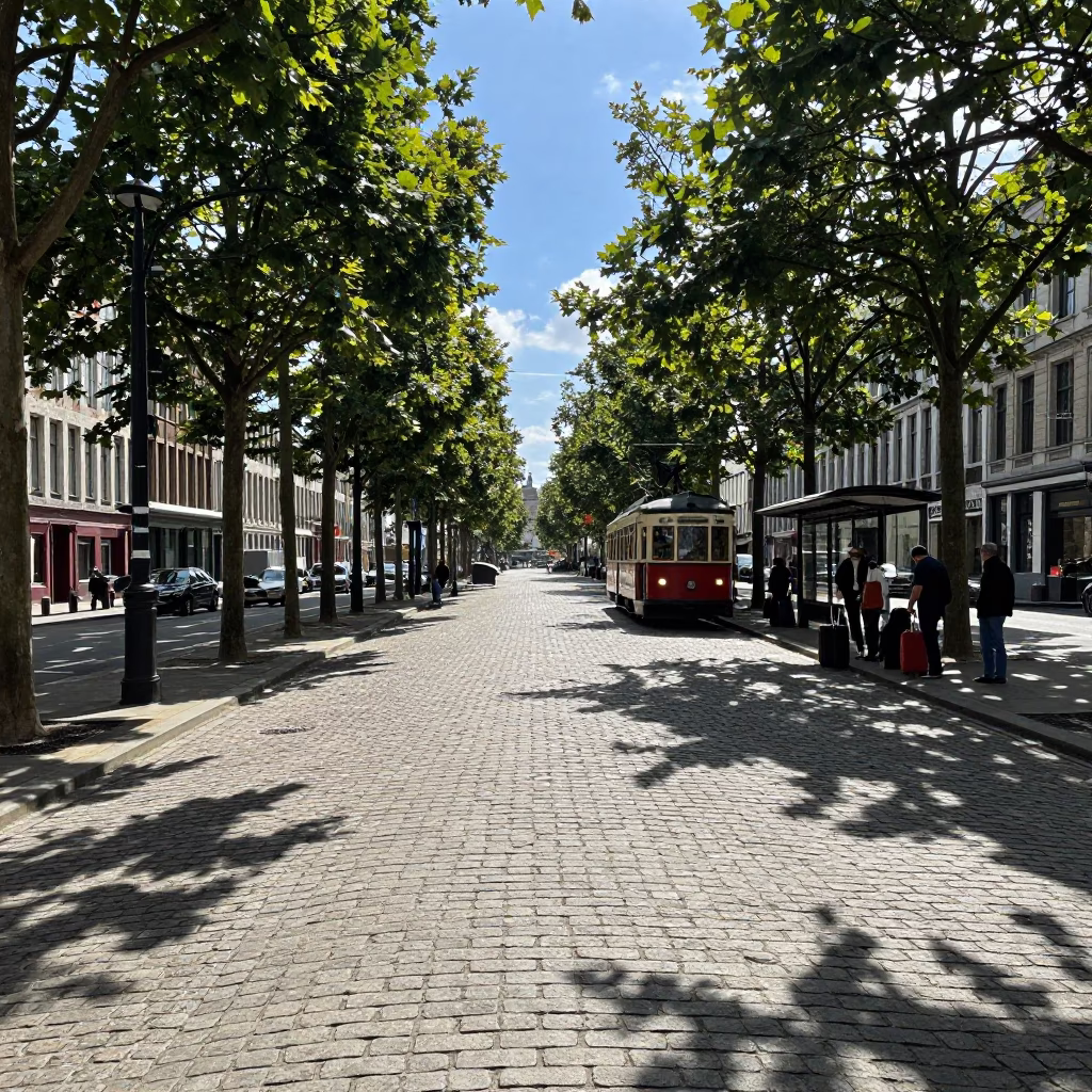 Late Afternoon Light on Brussels Cobblestone Street with Suitcases and Bicycle Traffic in in Brussels, Belgium
