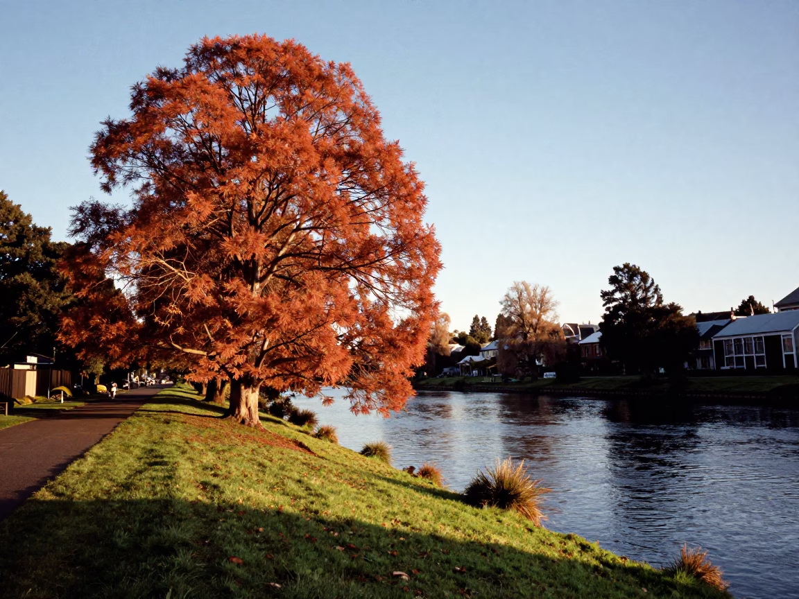 Late Afternoon Light on Christchurch Avon River with Copper Beech and Woven Fence in in Christchurch, New Zealand