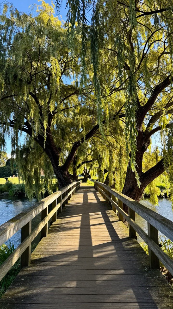 Late Afternoon Light on Christchurch River Avon Wooden Bridge and Pedestrians in in Christchurch, New Zealand