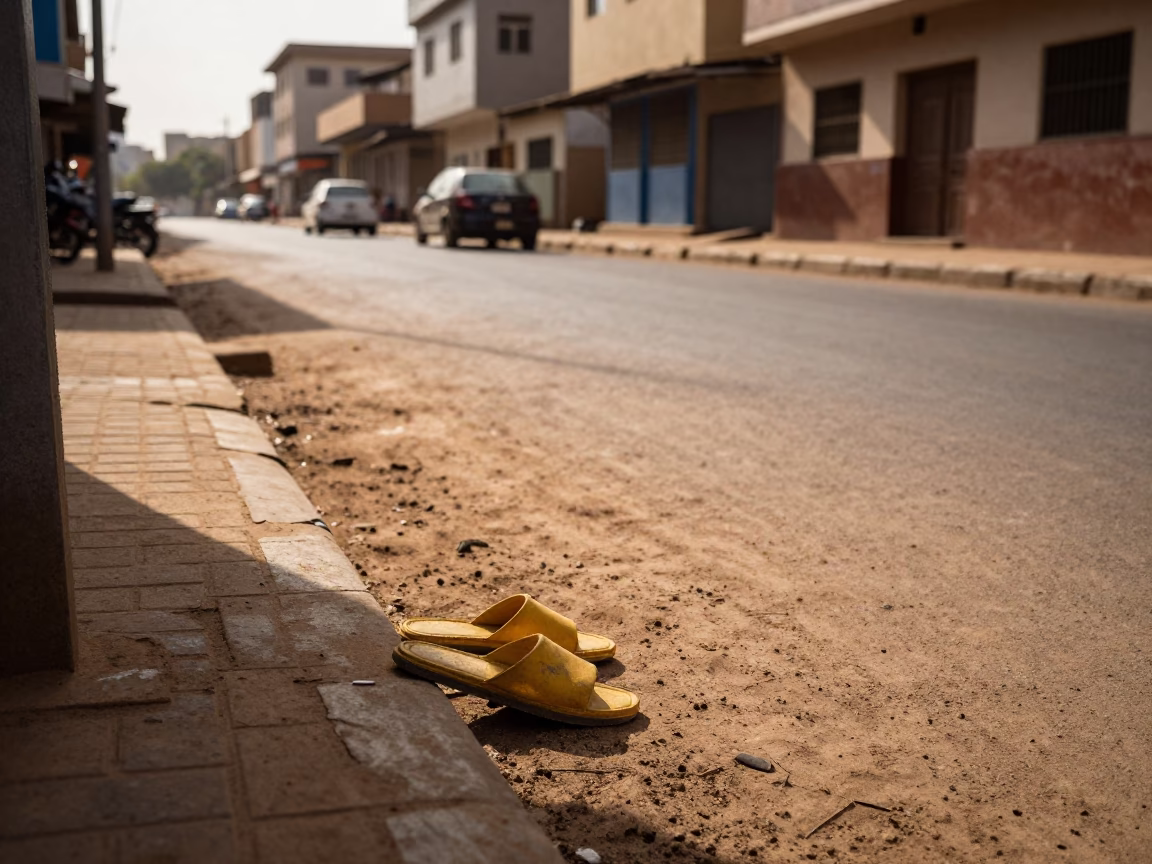 Late Afternoon Light on Dakar Street with Yellow Slippers and Concrete Sidewalk in in Dakar, Senegal