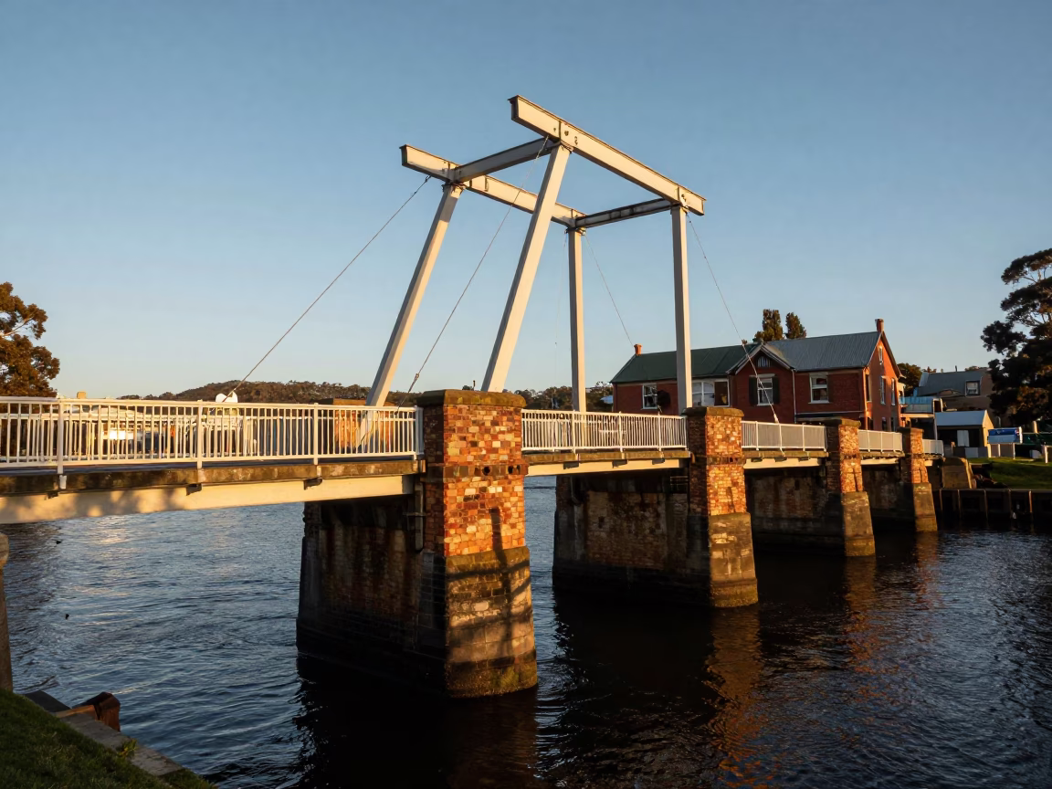 Late Afternoon Light on Hobart Drawbridge Counterweight House Above Black Tidal Channel in Tasmania in in Hobart, Tasmania, Australia