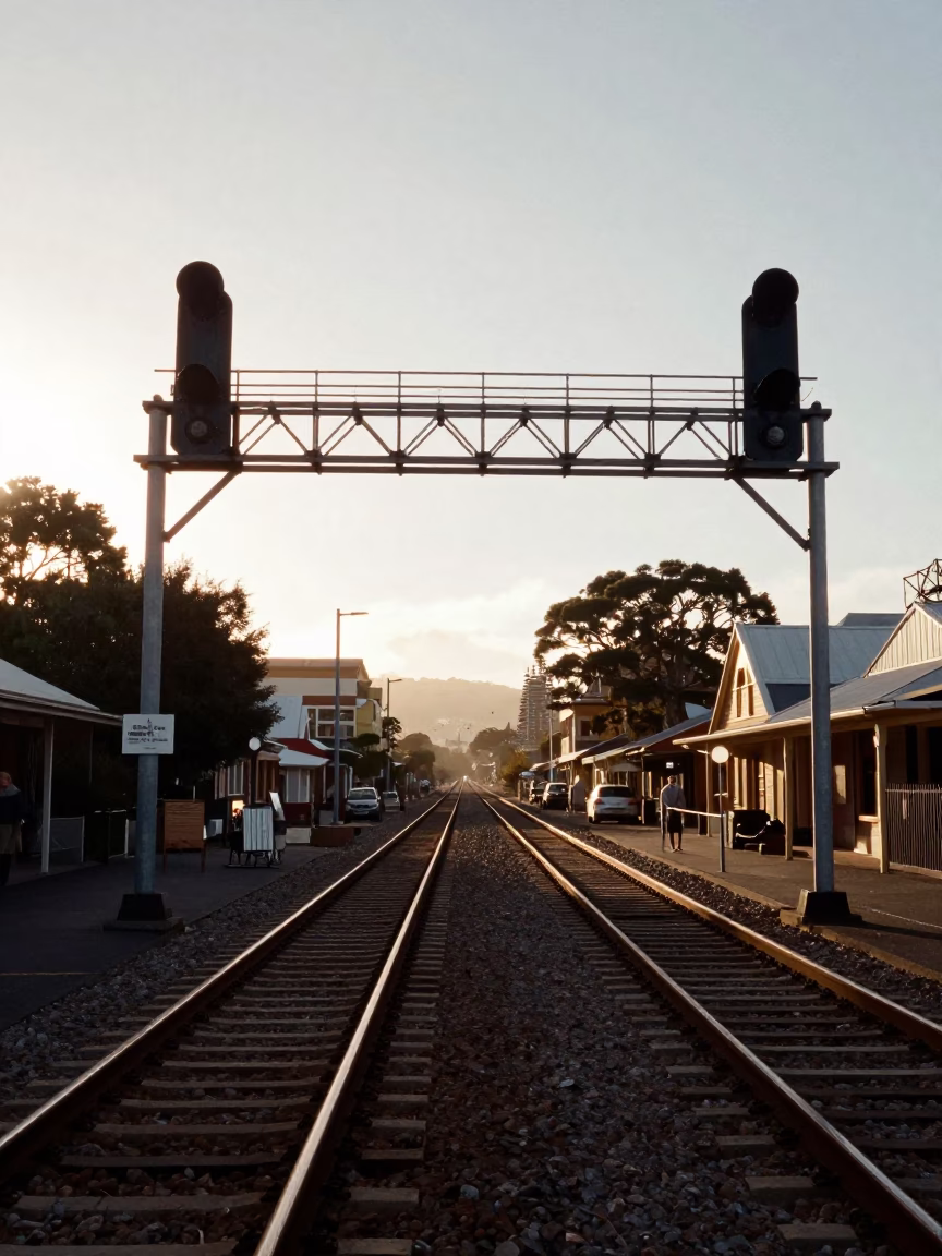 Late Afternoon Light on Hobart's Elizabeth Street Rail Gantry and Misty Tracks in in Hobart, Tasmania, Australia