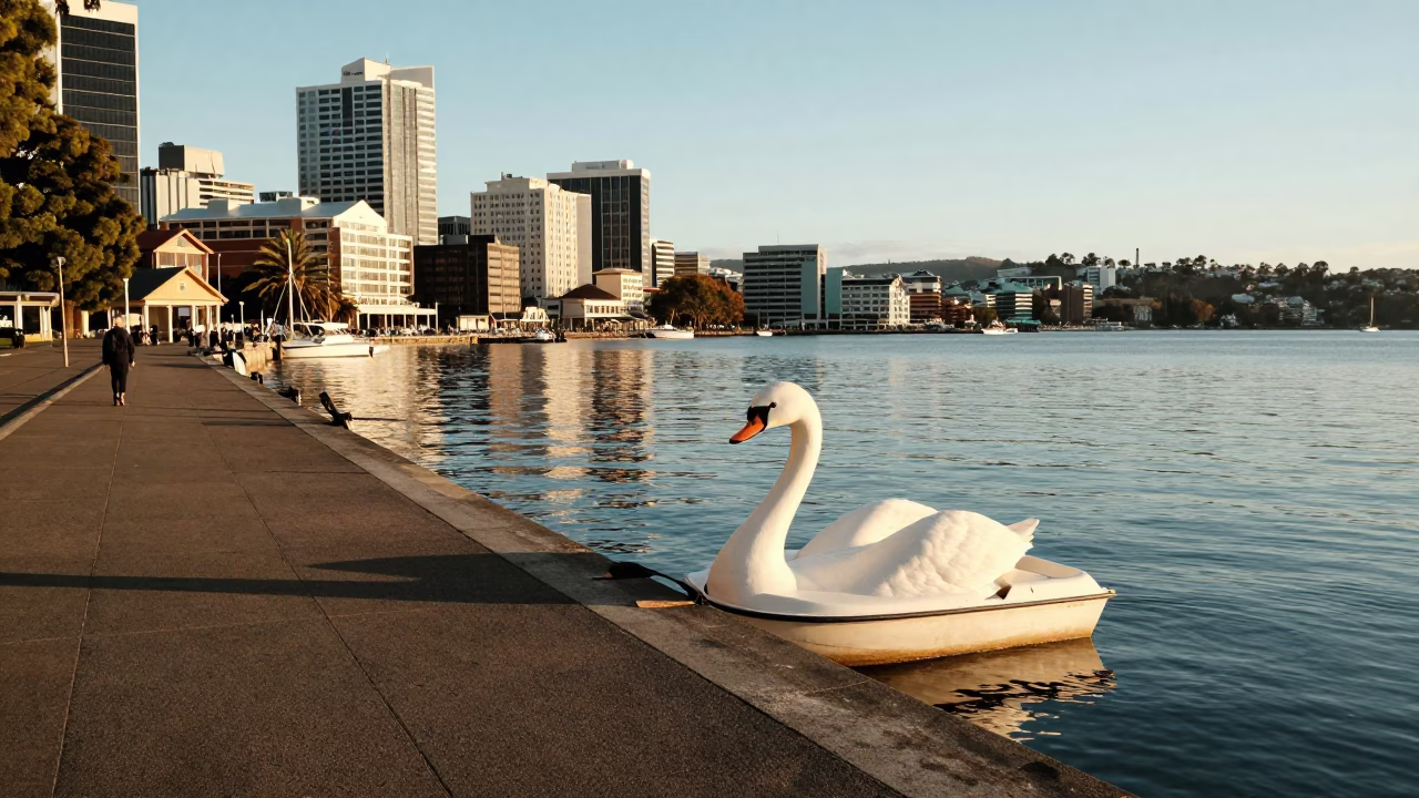 Late Afternoon Light on Hobart Waterfront Promenade with Swan Pedal Boat and City Skyline in in Hobart, Tasmania, Australia