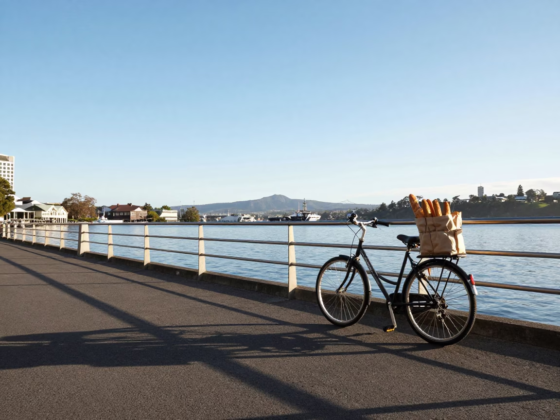 Late Afternoon Light on Hobart Waterfront with Bicycle and Urban Harbor View in in Hobart, Tasmania, Australia