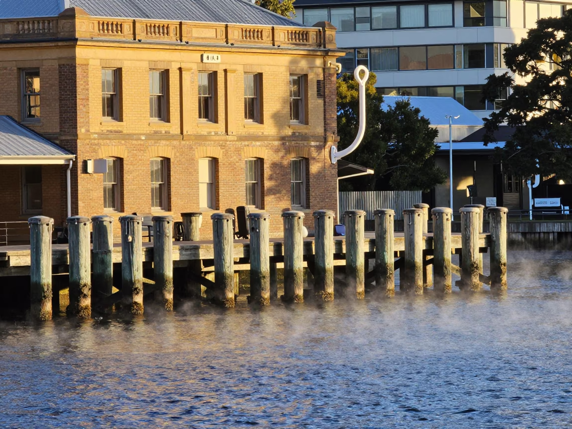 Late Afternoon Light on Hobart Waterfront with Condensation on Window and Wall Hook in in Hobart, Tasmania, Australia