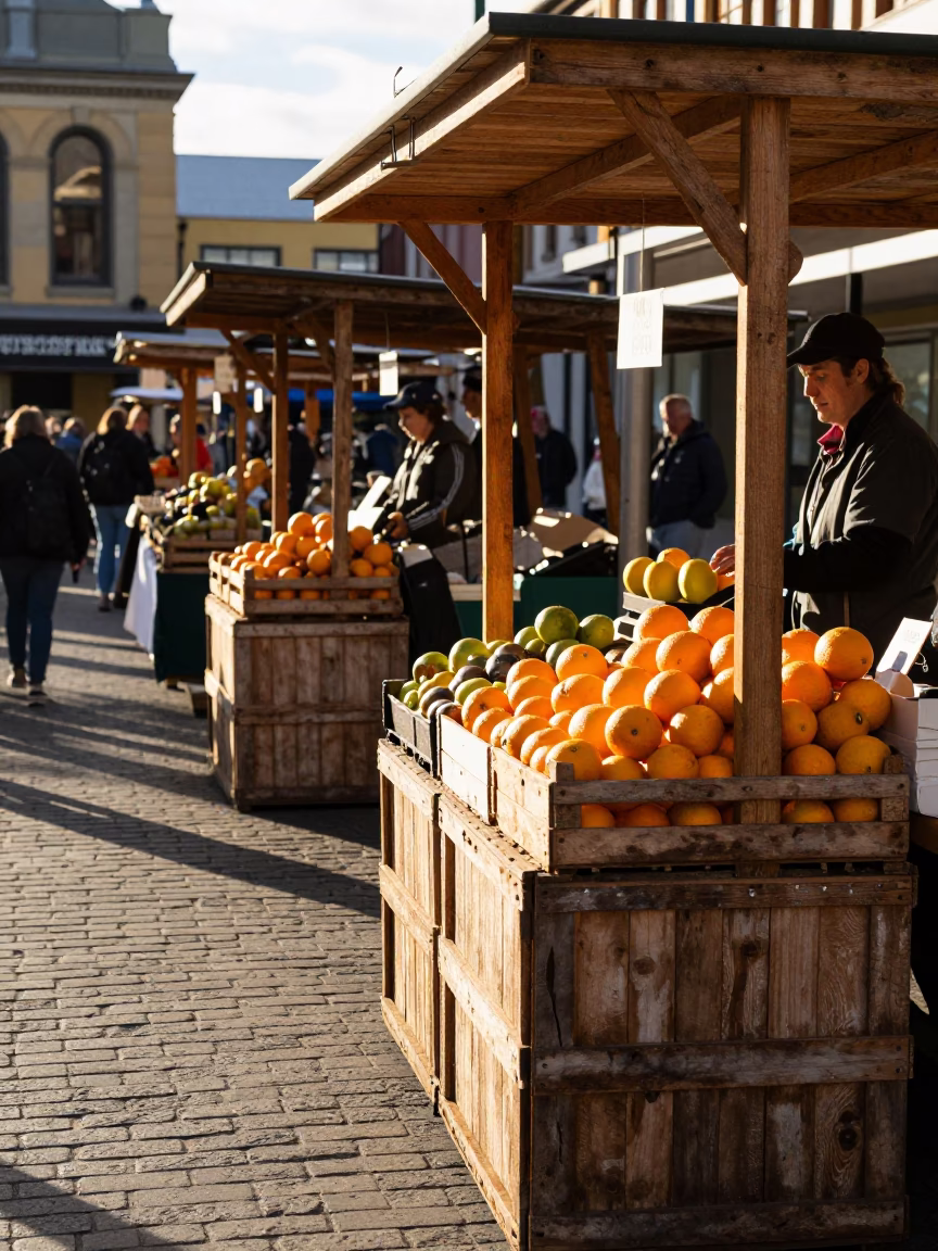 Late Afternoon Light on Hobart’s Salamanca Market Stalls with Local Wares in in Hobart, Tasmania, Australia