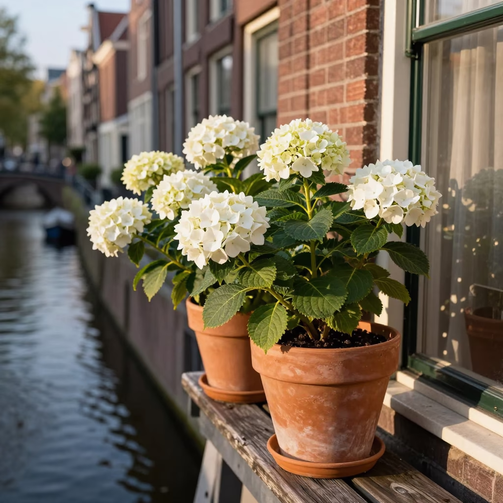 Late Afternoon Light on Hydrangeas in in Amsterdam, Netherlands