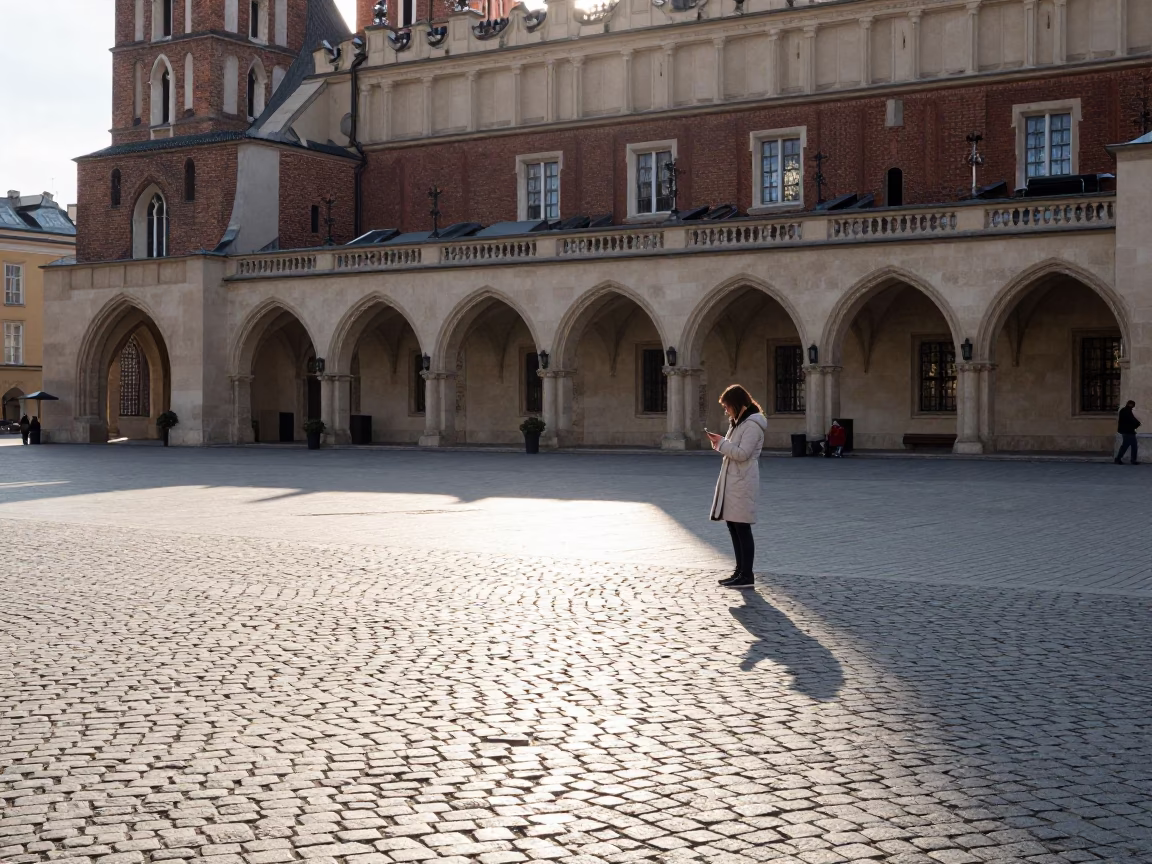 Late afternoon light on Krakow cobblestones near Main Market Square with pedestrian traffic in in Krakow, Poland