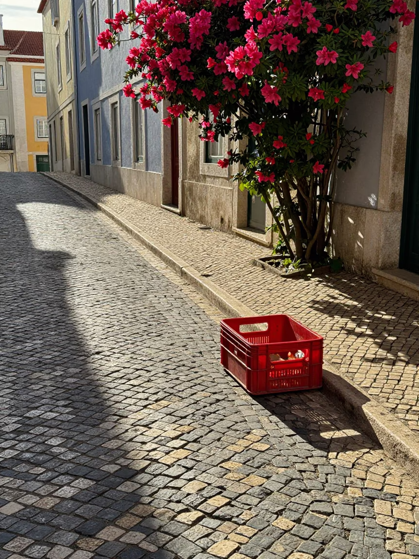 Late Afternoon Light on Lisbon Cobblestones with Fruit Crate and Work Stool in in Lisbon, Portugal