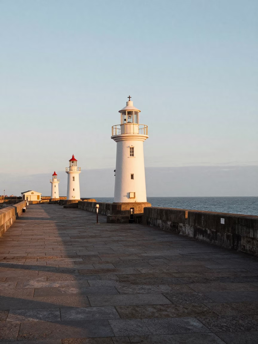Late Afternoon Light on Liverpool Breakwater with Beacon Towers and Distant Helicopter Approach in in Liverpool, United Kingdom